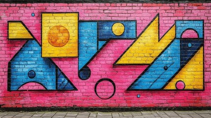 Abstract geometric graffiti art on a pink brick wall.