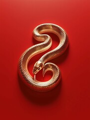 Obraz premium Golden, snake-shaped figure on red background,symmetrical composition, Chinese zodiac snake theme.