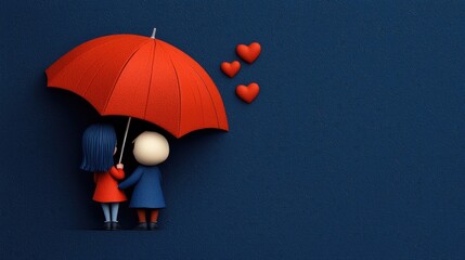 A couple stands under a red umbrella, surrounded by floating hearts, symbolizing love and togetherness against a blue background.