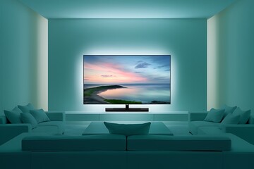 A flatscreen TV displays a serene landscape, illuminated by integrated LED bias lighting. The teal walls and ambient lighting create a calming atmosphere.