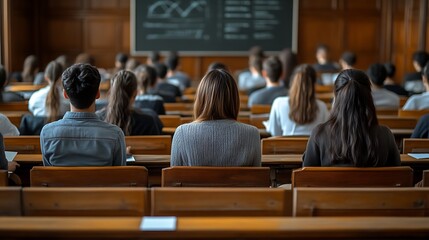 Students attentively listening to a lecture in a classic classroom setting.