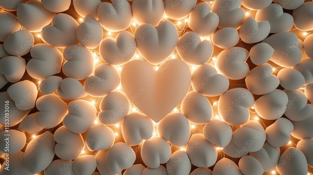 Poster a collection of white heart-shaped objects arranged around a central illuminated heart, creating a w