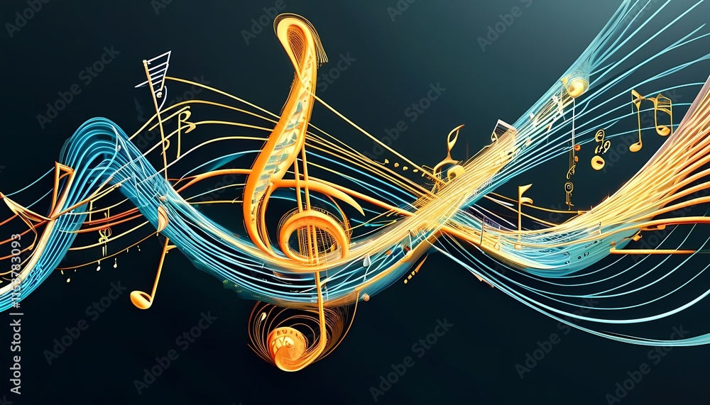 Poster abstract musical vector design with light notes and swirl lines