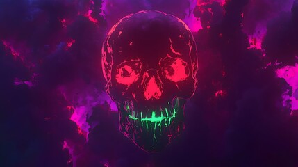 A luminous glowing skull with radiant red and green neon highlights, floating above a glowing neon purple background