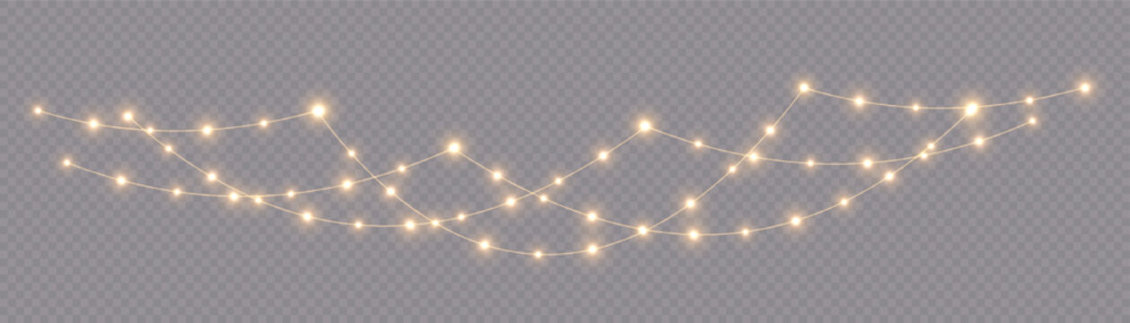Bright garlands with a golden glow. For advertising invitations, web banners, postcards. Vector. Holidays decoration. Festive Christmas light gold garlands. LED lamp. Yellow lights on a illustration.