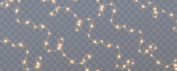 Bright garlands with a golden glow. For advertising invitations, web banners, postcards. Vector. Holidays decoration. Festive Christmas light gold garlands. LED lamp. Yellow lights on a illustration.