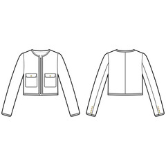 Technical flat sketch of Tweed Jacket. Long sleeve blazer crop jacket with two patch pockets and cording trim. Non-collar jacket drawing vector template.