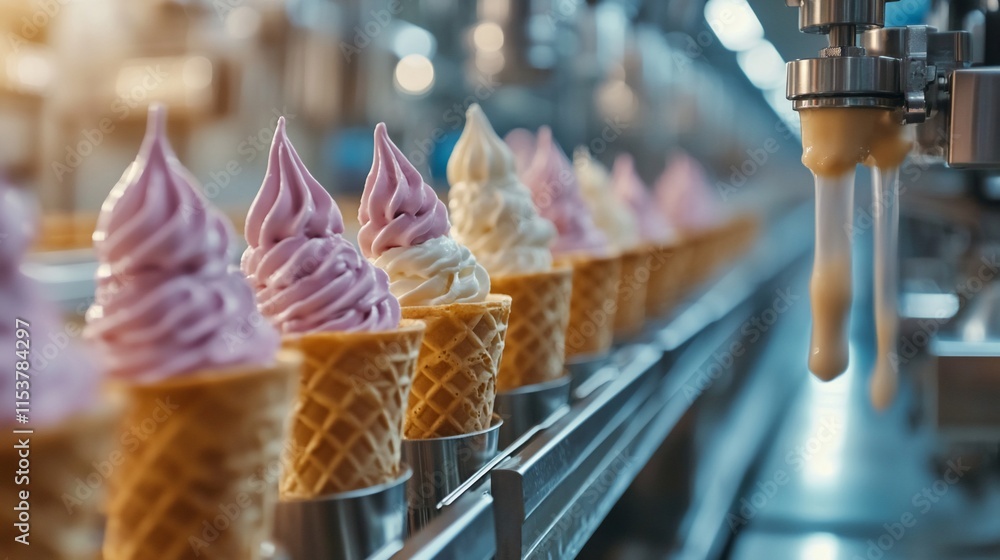 Poster a production line of ice cream cones being filled with soft serve.