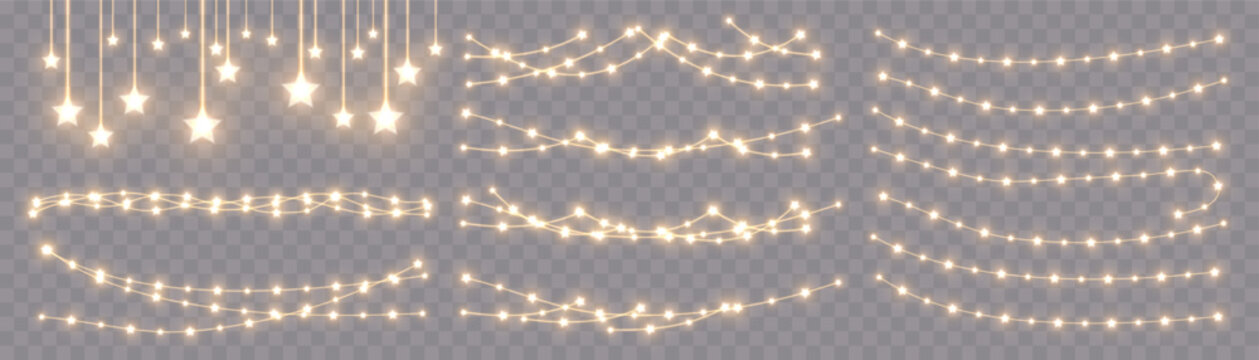 Bright garlands with a golden glow. For advertising invitations, web banners, postcards. Vector. Holidays decoration. Festive Christmas light gold garlands. LED lamp. Yellow lights on a illustration.