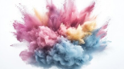 Fototapeta premium dynamic multicolored powder explosion photography with vibrant hues of pink, blue, yellow, and purple frozen in motion against white background