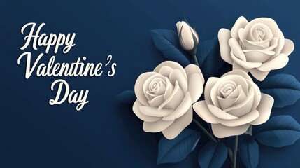 Fototapeta premium A serene Valentine's Day graphic featuring elegant white roses against a dark blue background with the text 