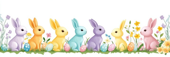 Obraz premium Colorful bunnies gather to celebrate Easter among blooming flowers and decorated eggs in a cheerful outdoor setting, embodying joy and togetherness that reflect the spirit of the holiday