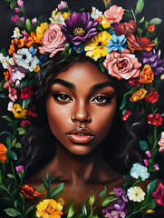 Naklejka premium Afrocentric Goddess With a Radiant Flower Crown, Bold and Confident, Surrounded by a Garden of Vibrant Flowers, Surreal Painterly Style