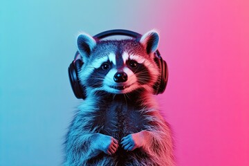 raccoon in headphones on a solid color background, faceted, minimal, abstract, panoramic background. bright iridescent light