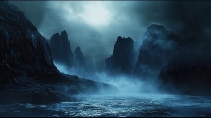 eerie mist swirling against a deep obsidian backdrop, creating a mysterious ambiance. shadows dance eerily, enhancing the suspenseful mood of the scene