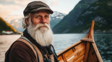 Obraz premium elderly nordic fisherman with weathered face and flowing white beard standing proudly by traditional wooden boat against fjord landscape at sunset