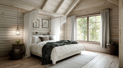Cozy and Inviting Modern Cabin Bedroom with Natural Light and Warm Wood Accents