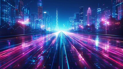 Fototapeta premium Futuristic city highway at night with vibrant light trails.