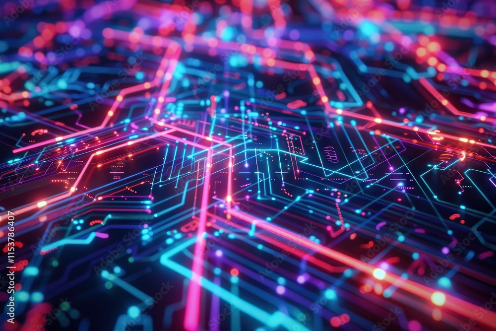 Poster abstract neon circuit board with glowing lines and dots