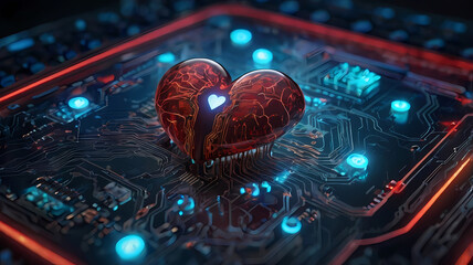 Cybernetic Heart: A digital rendering of a heart nestled within a glowing circuit board, representing the intersection of technology and emotion.