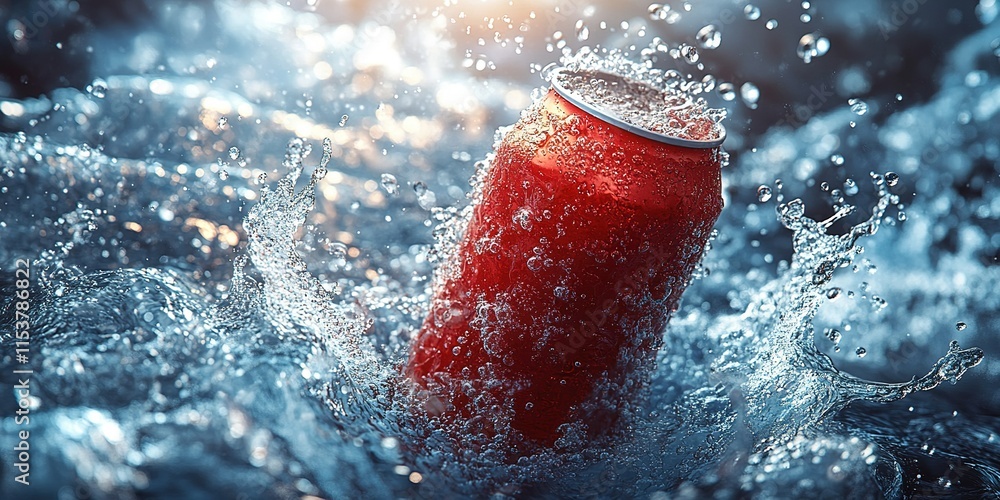 Aufkleber red can splashes in water creating dynamic droplets during a bright sunny day