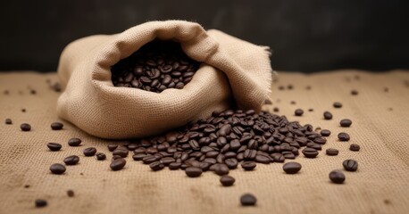 Dark roasted coffee beans overflowing burlap sack, espresso, vintage, drink