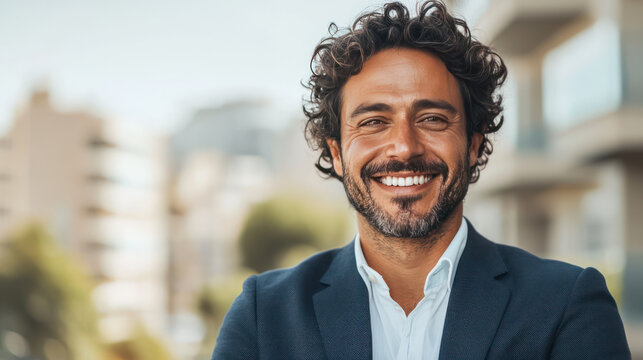 smiling man in expensive suit stands confidently outdoors, showcasing vibrant personality. His curly hair and warm smile reflect sense of success and approachability