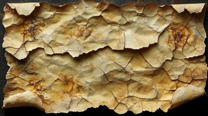 Aged, crumpled, cracked parchment paper texture on dark background.