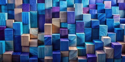 A close-up abstract pattern of blue and purple wooden blocks arranged in a layered and staggered...