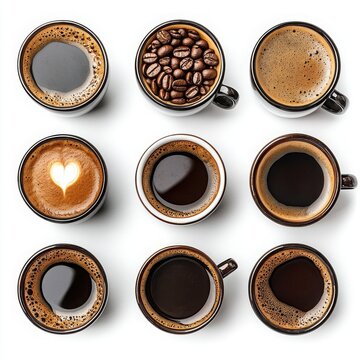 Variety of coffee cups showcasing different brewing styles and textures.