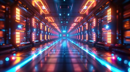 Futuristic glowing corridor with vibrant orange and blue neon lights.