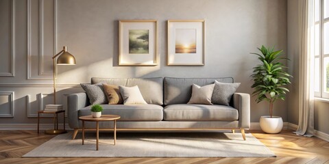 A Cozy Living Room Featuring a Grey Sofa with Cushions, a Gold Floor Lamp, and a Small Coffee Table