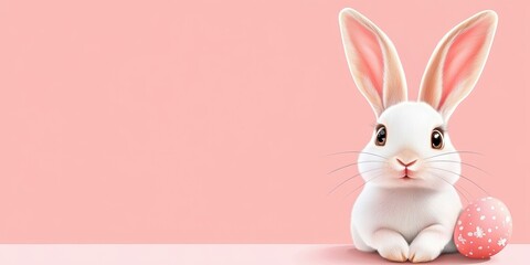 Obraz premium A fluffy white bunny with big pink ears sits beside a decorated Easter egg, embodying the joy of springtime festivities and bringing smiles to children and families during the Easter celebration