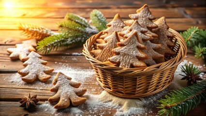 Fototapeta premium A basket filled with gingerbread cookies shaped like Christmas trees, dusted with powdered sugar, sits on a wooden table surrounded by evergreen branches and a dusting of powdered sugar.