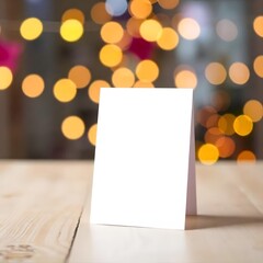 Elegant Blank Card on Wood with Party Lights and Bokeh Background Glow