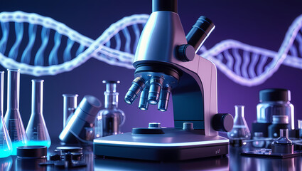 Genetic Research: Microscope and DNA Helix. A futuristic image depicting a high-tech microscope surrounded by scientific equipment, with a vibrant DNA helix in the background.