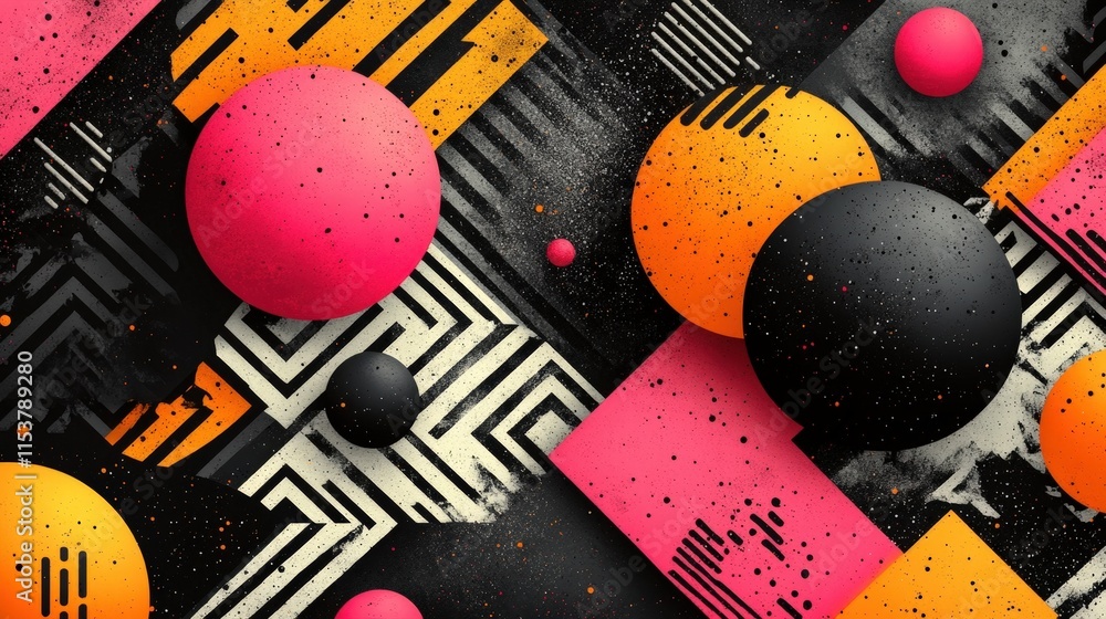 Poster abstract geometric pattern with vibrant spheres and textured background.