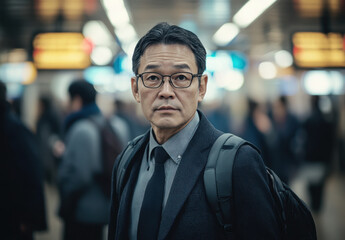 Obraz premium A serious man in his fifties stands in a bustling train station filled with commuters. He wears glasses and a stylish suit, with a backpack slung over one shoulder, reflecting the vibrant atmosphere.