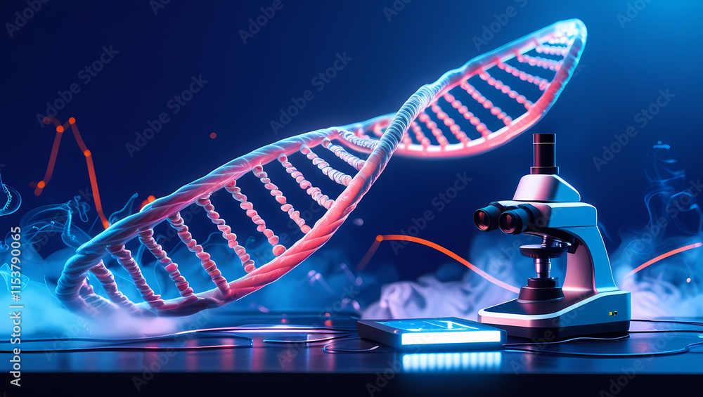 Aufkleber dna helix and microscope: a futuristic and stylized 3d rendering of a dna double helix floating abov