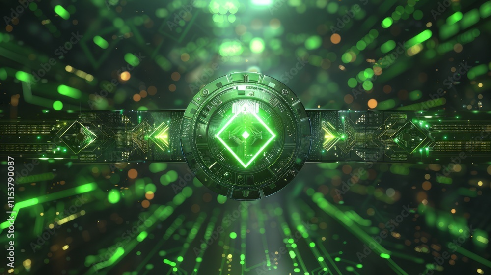 Poster futuristic green tech device with glowing lines and particles.