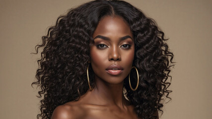 Beauty portrait of African American woman with afro hair . Beautiful black woman Hollywood wave hair styling. Curly hair and long hair care. Straightening curly hair. Cosmetics and makeup