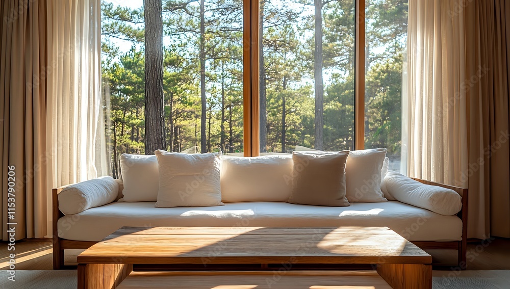 Poster sunlight streams through window illuminating modern sofa and wooden coffee table in a serene room wi