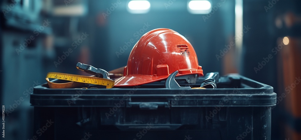 Poster a red hard hat and tools resting on a black container in a workshop.