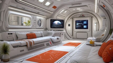 Fototapeta premium Futuristic Interior of a Spacecraft with Sleek Design and Comfortable Furniture for Exploration