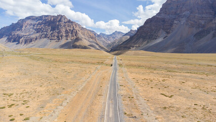 An aerial view of the himalayan mountains at spiti valley in dhar pangmo, gramphu-batal-kaza road himachal pradesh, India.