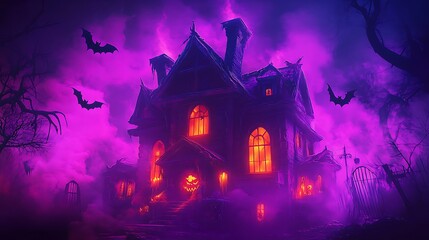 An abstract glowing haunted house with neon orange windows, glowing bats circling it, and eerie fog drifting across a neon purple background