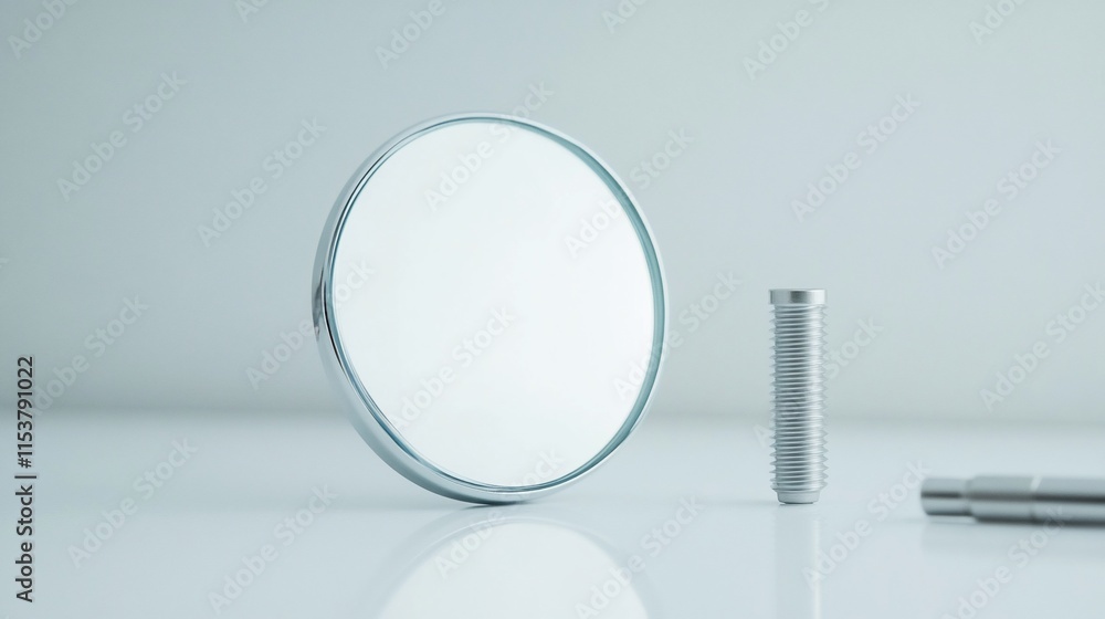 Poster a reflective circular mirror beside a metallic component on a clean surface.