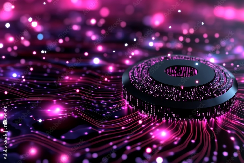Poster A 3D futuristic scene of glowing algorithmic data flying through a developer workspace like streams of light