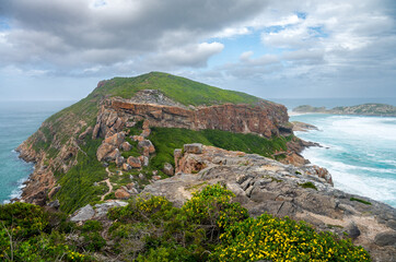 A view of the peninsula and coastline with mountains waves and flowers at Robber nature reserve along the Garden route, Plettenberg Bay, Western Cape province, South Africa, Africa 
