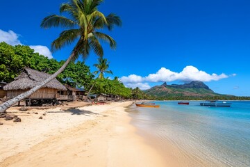 Naklejka premium A Hawaiian village scene with thatched huts, palm trees, and locals sharing traditional meals and music
